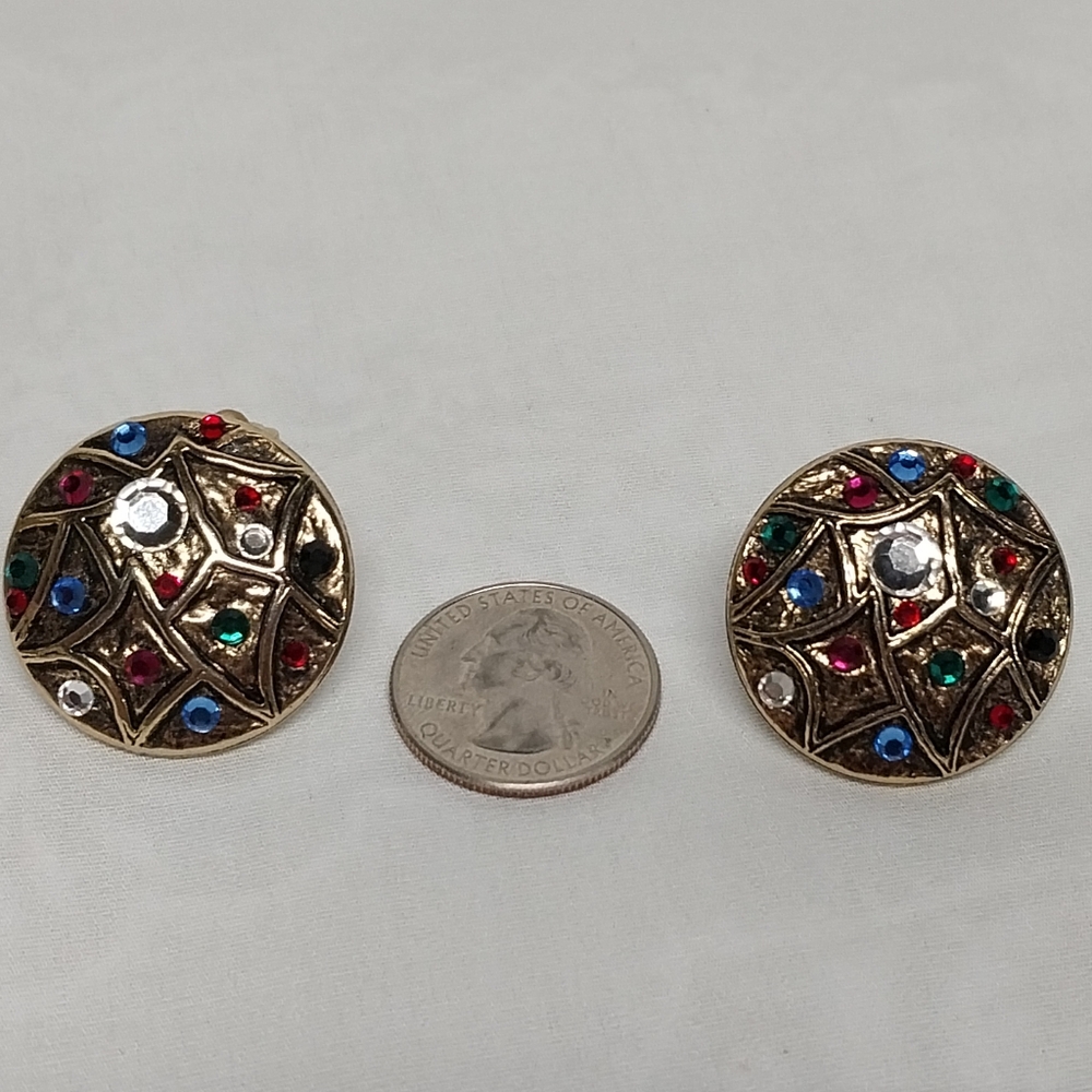 Elegant Gold And Multicolor Stone Clip On Vintage Earrings